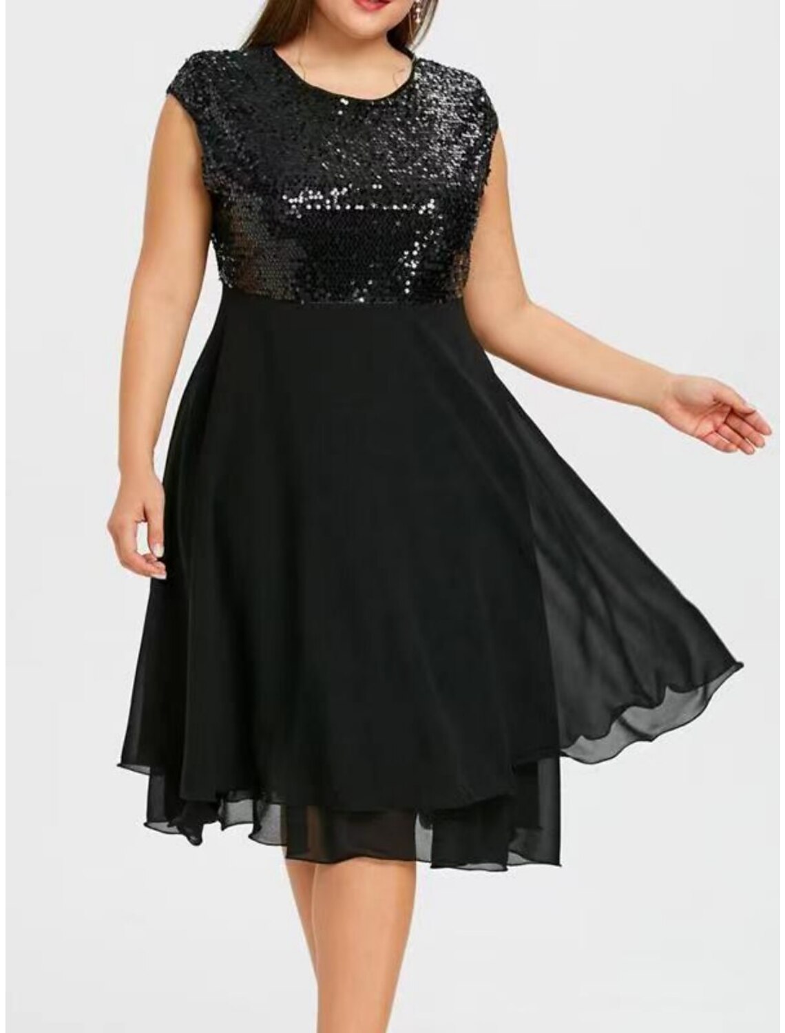 Abito da donna taglie forti nero con paillettes, abito da festa, abito scintillante, abito da ballo, abito midi tinta unita, manica corta, patchwork in rete, scollo rotondo, classico, nero e bianco, primavera estate